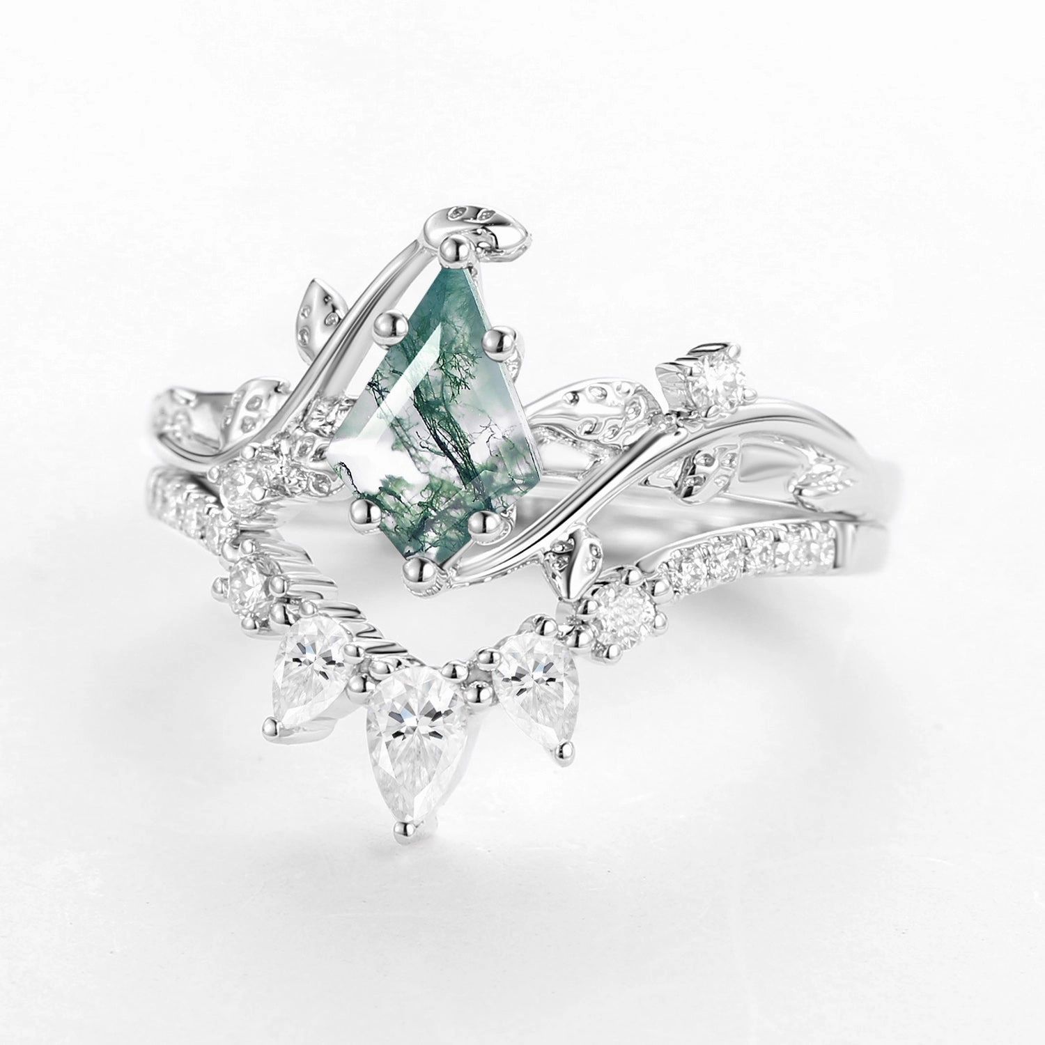 Kite Cut Moss Agate Leafy White Gold Engagement Ring Sets 2pcs Artistic Creation