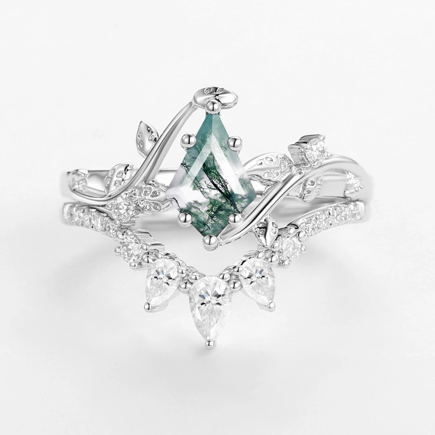 Elite Accent Kite Cut Moss Agate Leafy White Gold Engagement Ring Sets 2pcs