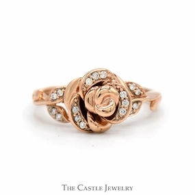 Diamond Accented Rose Style Enchanted Disney Belle Designer Ring in 10k Rose Gold Everyday Look Affordable Design