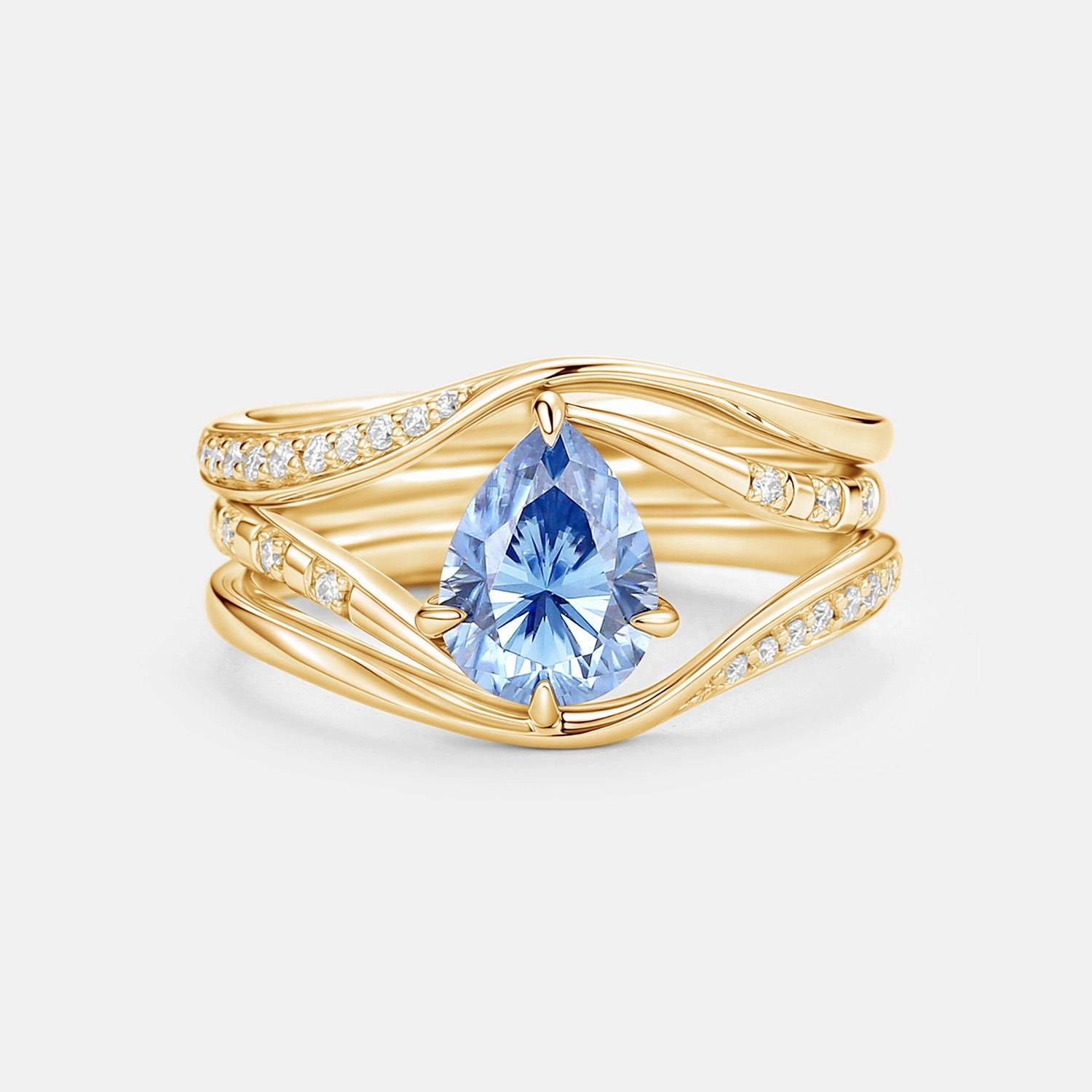 Homebound River Tune -  Pear Blue Moissanite Engagement Ring Sets 3pcs Night Detail Sleek Detailing