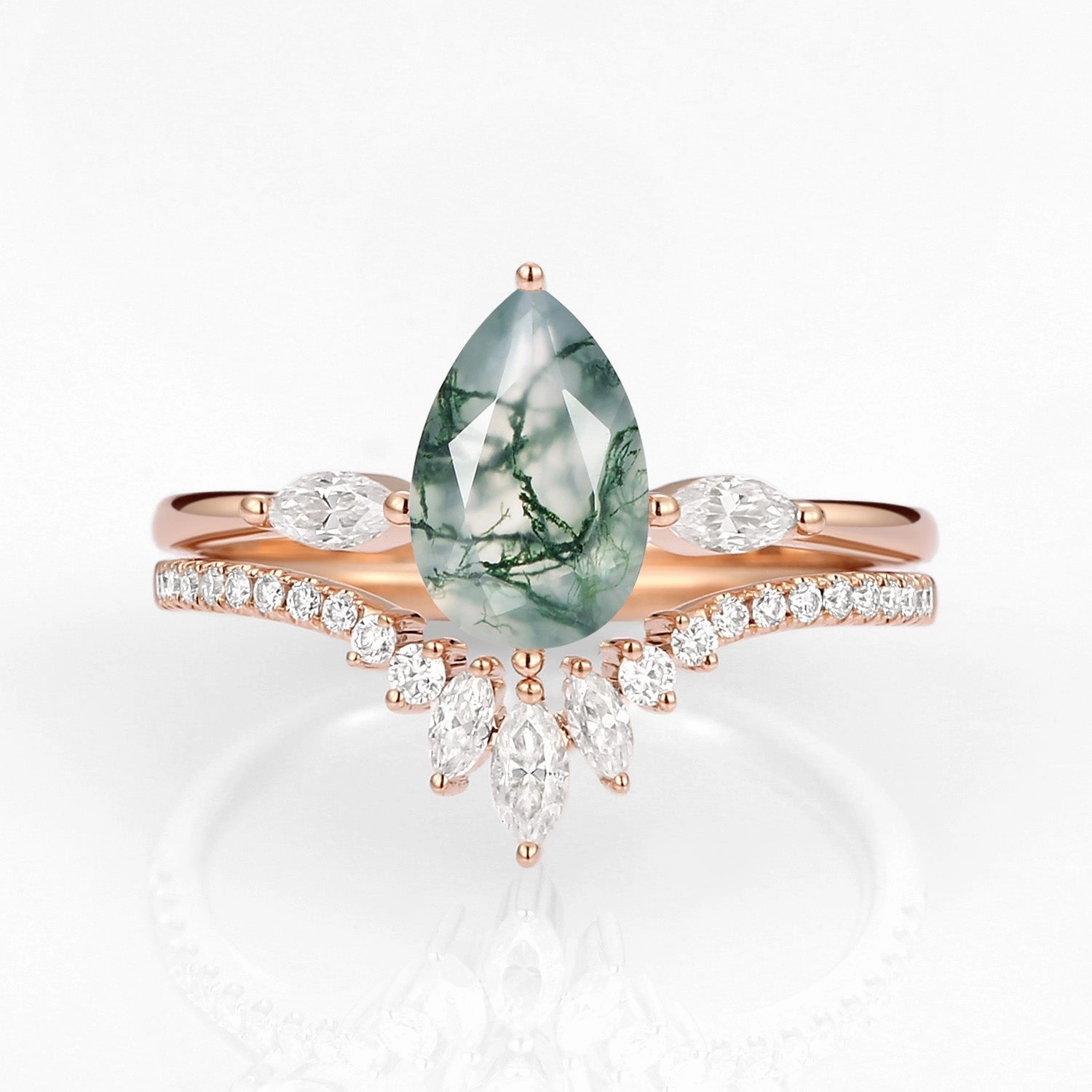 Fashionable Craft New Arrival Pear Cut Moss Agate Engagement Ring Set 2pcs - Jream