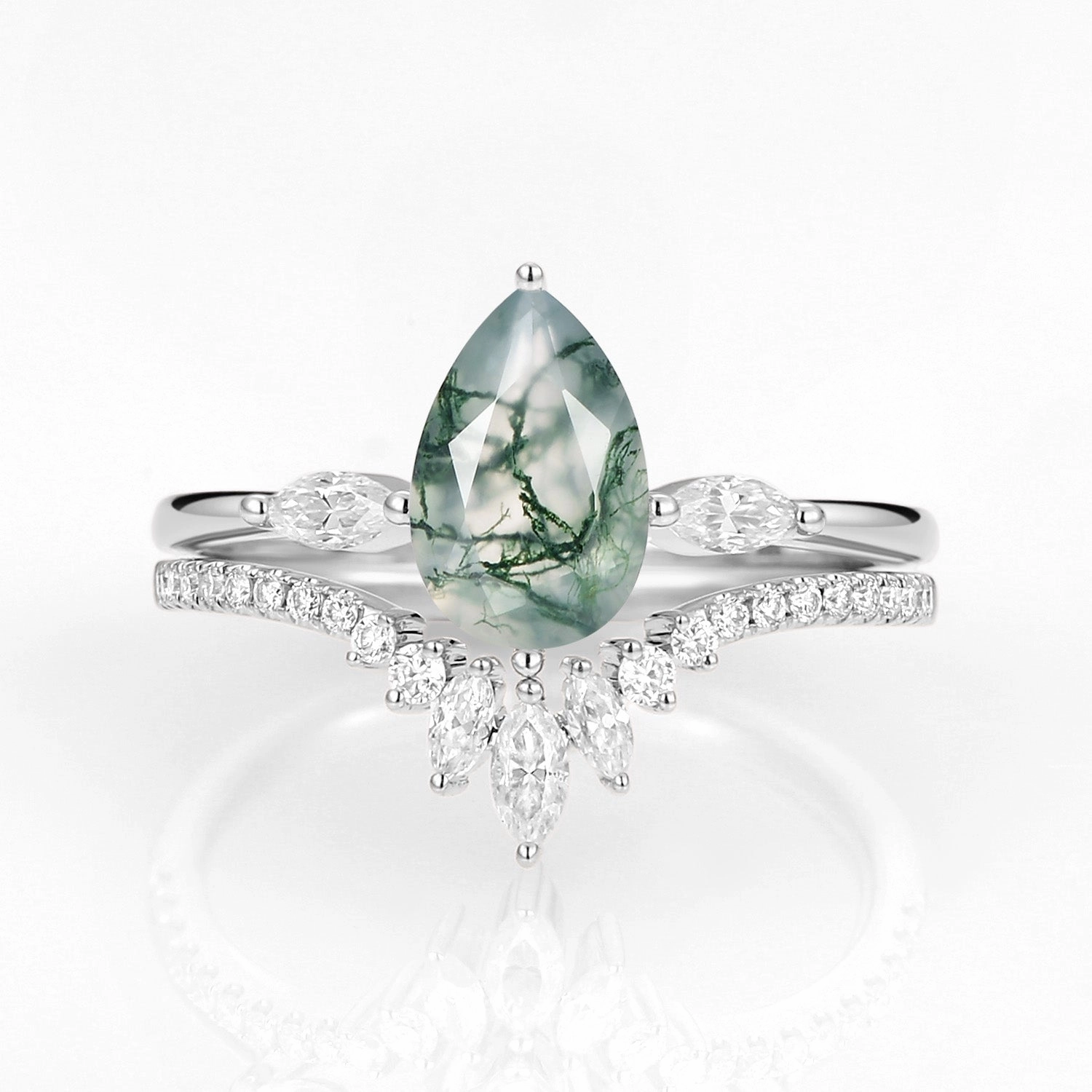 Pear Cut Moss Agate Engagement Ring Set 2pcs - Jream family gathering Sophisticated Spark