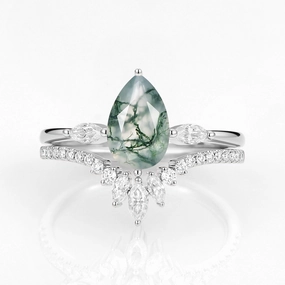 Pear Cut Moss Agate Engagement Ring Set 2pcs - Jream family gathering Sophisticated Spark