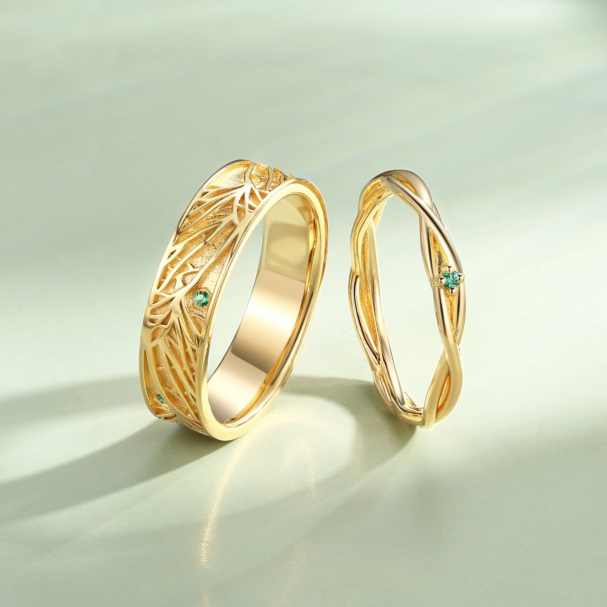 Vintage Twig Lab Emerald Couple Ring Set 2pcs - Verdant Daily Match