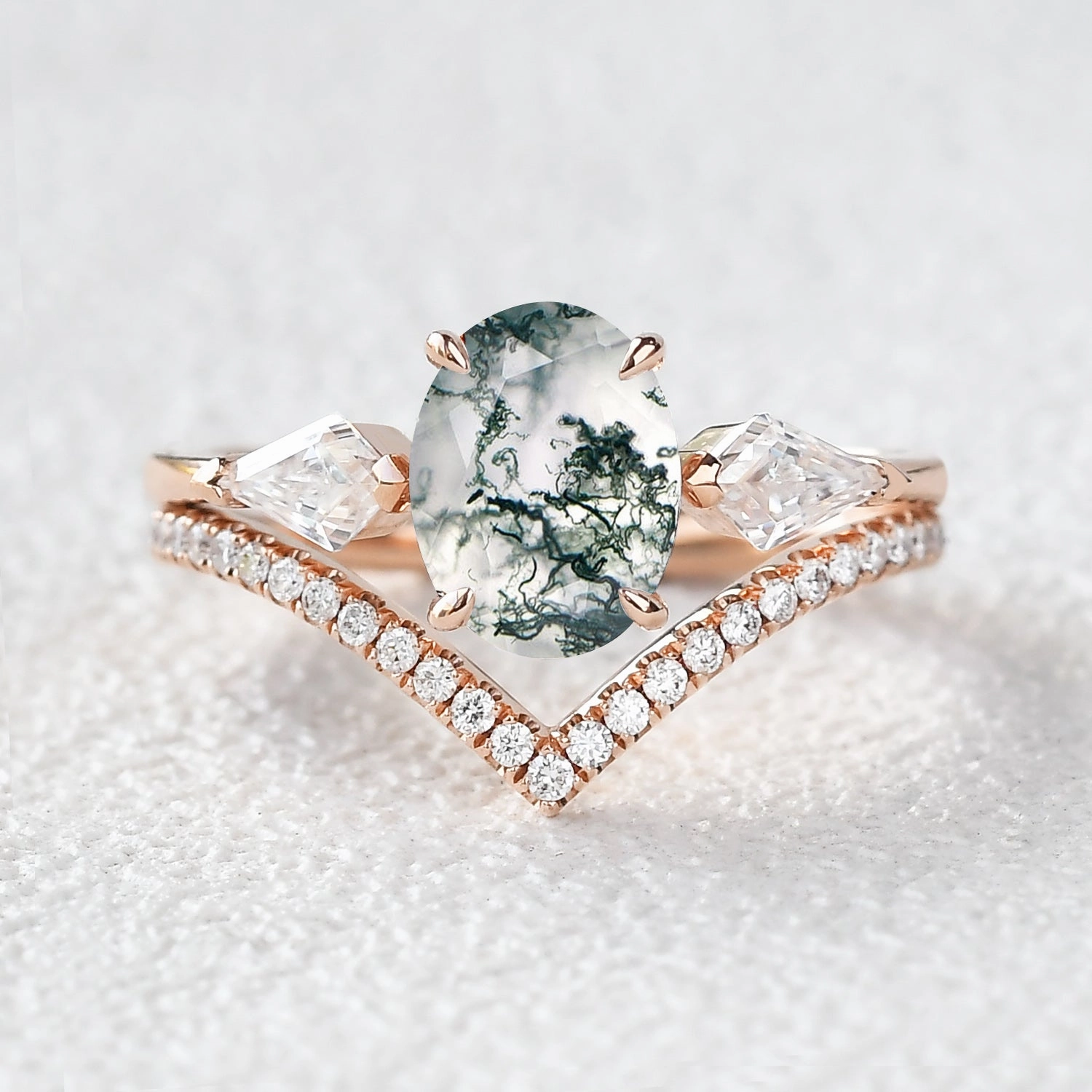 Event Edge 1.5ct Oval Moss Agate Three Stones Chevron Engagement Ring Set 2pcs