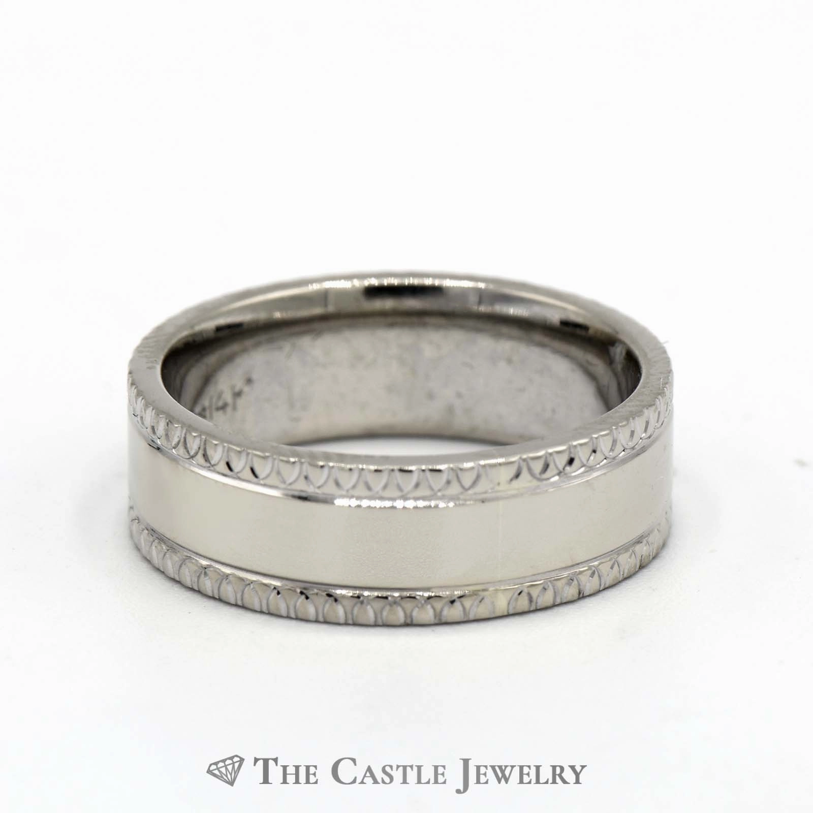 7mm Polished Wedding Band with Diamond Cut Edge in 14k White Gold Gentle Texture High Maintenance