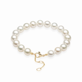 Fine Finish 7.5-9" Adjustable White Freshwater Pearl Bracelet in Gold - 9-10mm