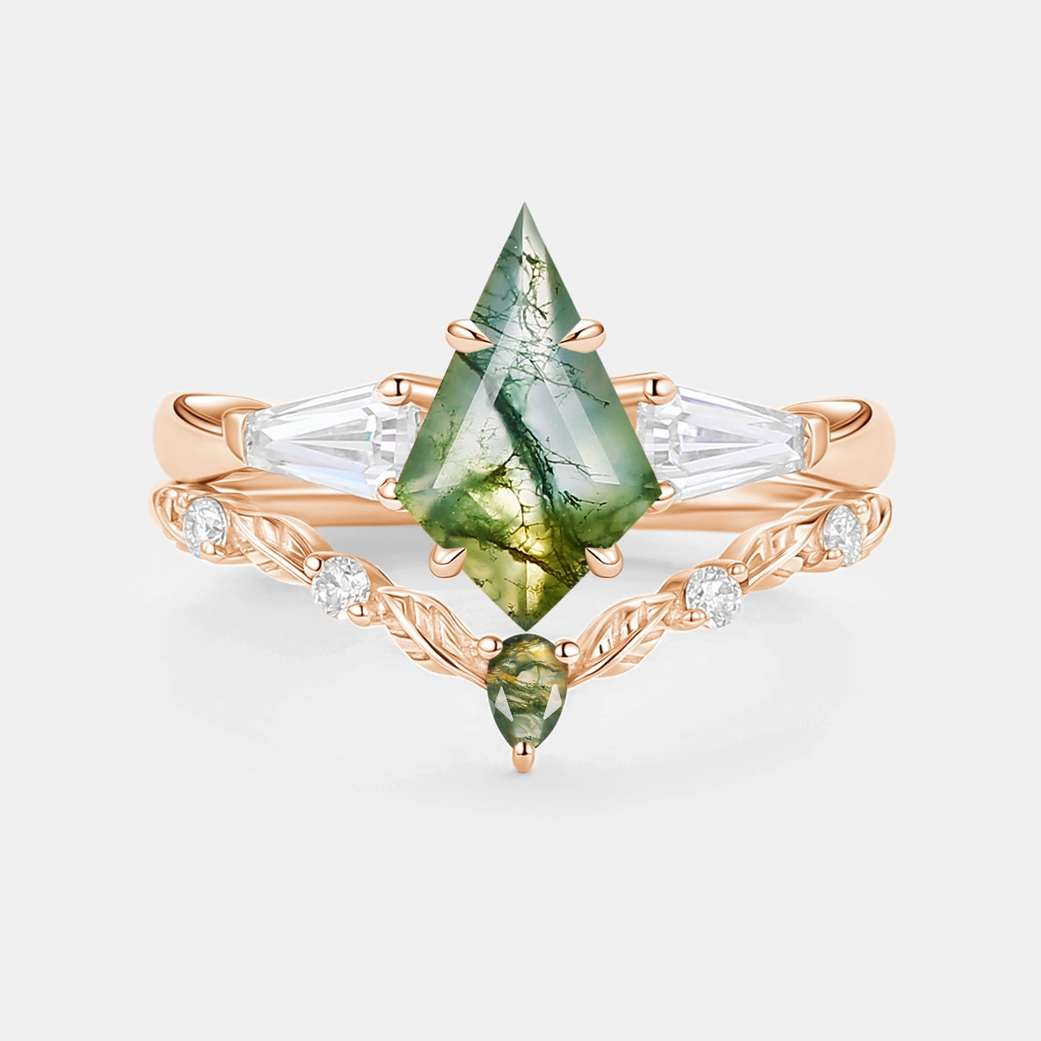 Finest Style Moss Agate Kite Cut Three Stone Engagement Ring Set 2pcs - Bryce