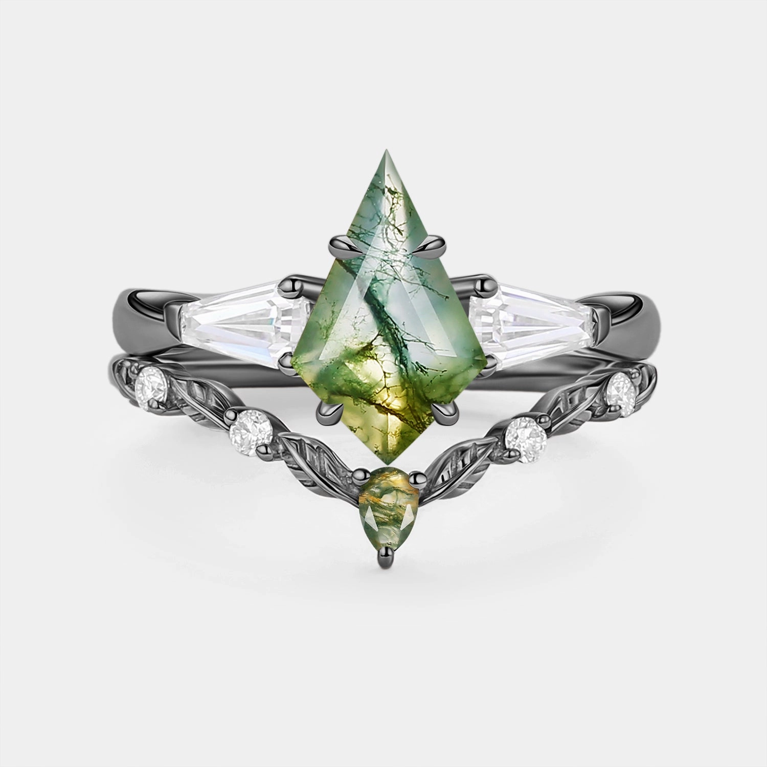 Trend Setting Minimal Chic Moss Agate Kite Cut Three Stone Engagement Ring Set 2pcs - Bryce