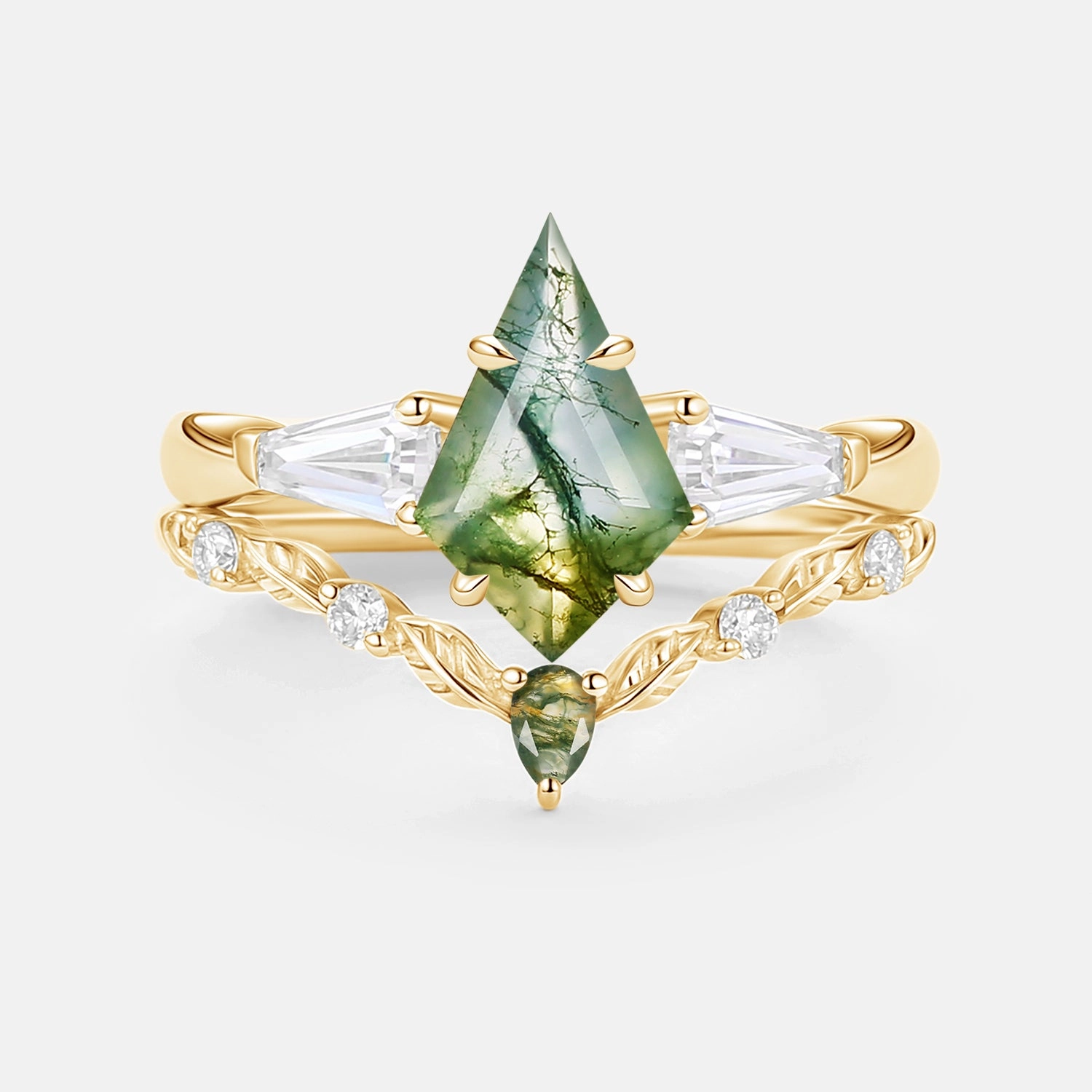 Effortless Shine Moss Agate Kite Cut Three Stone Engagement Ring Set 2pcs - Bryce