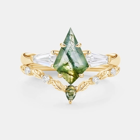 Effortless Shine Moss Agate Kite Cut Three Stone Engagement Ring Set 2pcs - Bryce