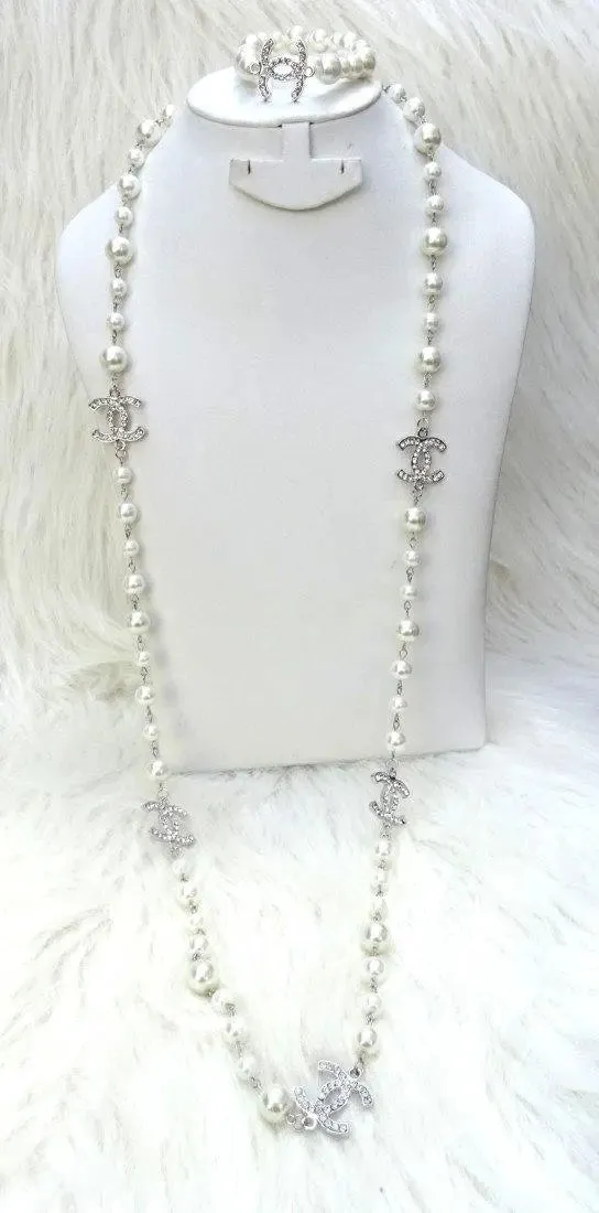 Classy Popular Long Crystal Silver or Gold CC Long Cream White Pearl Necklace Earring Bracelet Set