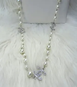 Classy Popular Long Crystal Silver or Gold CC Long Cream White Pearl Necklace Earring Bracelet Set