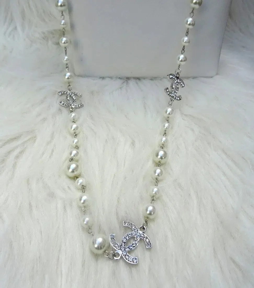 Classy Popular Long Crystal Silver or Gold CC Long Cream White Pearl Necklace Earring Bracelet Set