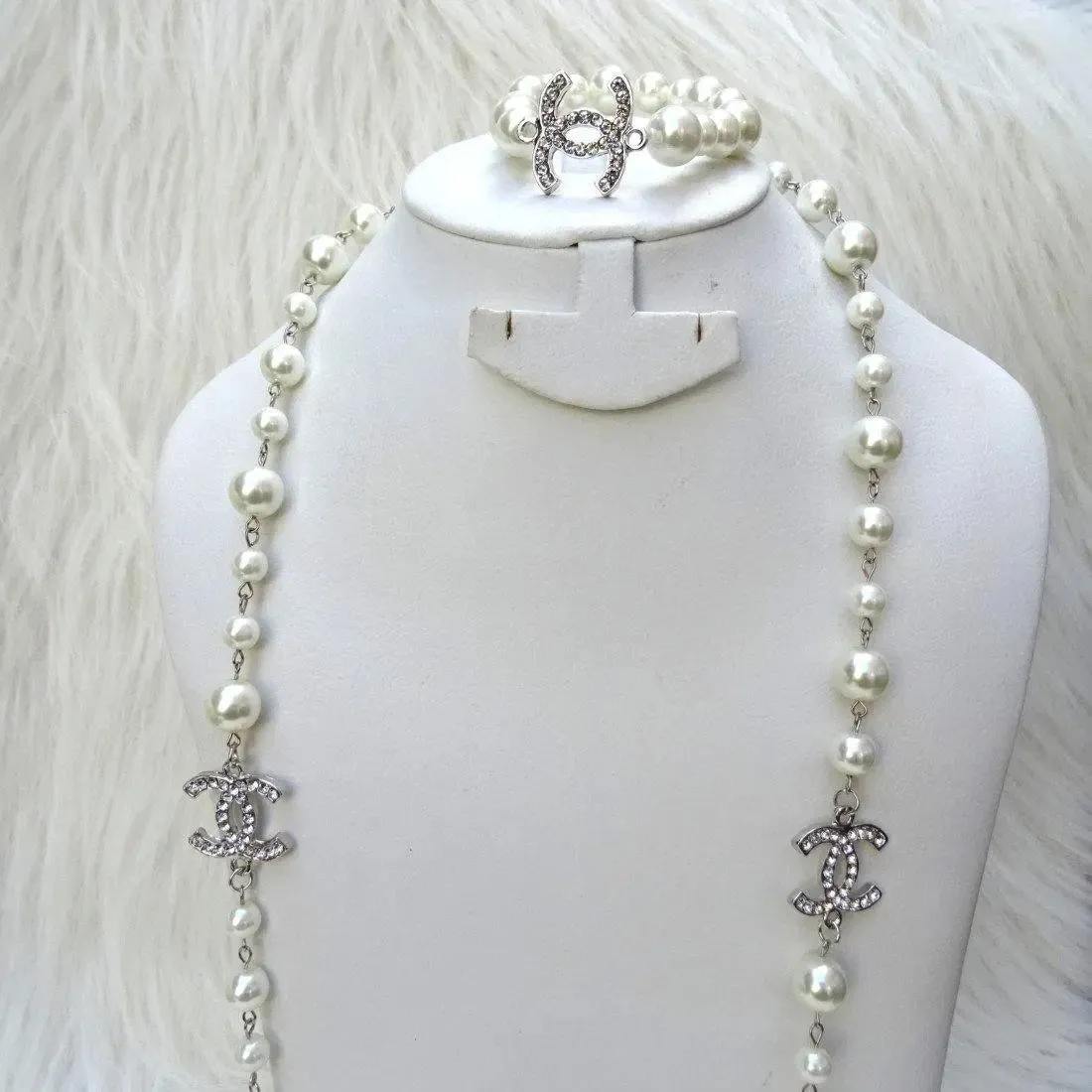 Classy Popular Long Crystal Silver or Gold CC Long Cream White Pearl Necklace Earring Bracelet Set