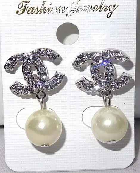 Classy Popular Long Crystal Silver or Gold CC Long Cream White Pearl Necklace Earring Bracelet Set