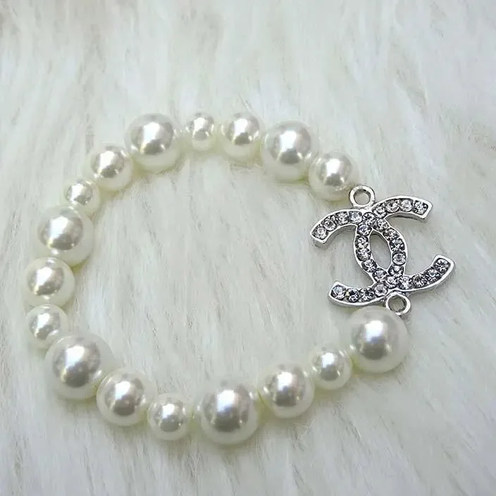 Classy Popular Long Crystal Silver or Gold CC Long Cream White Pearl Necklace Earring Bracelet Set