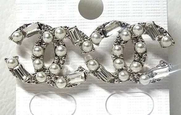 Classy Popular Long Crystal Silver or Gold CC Long Cream White Pearl Necklace Earring Bracelet Set
