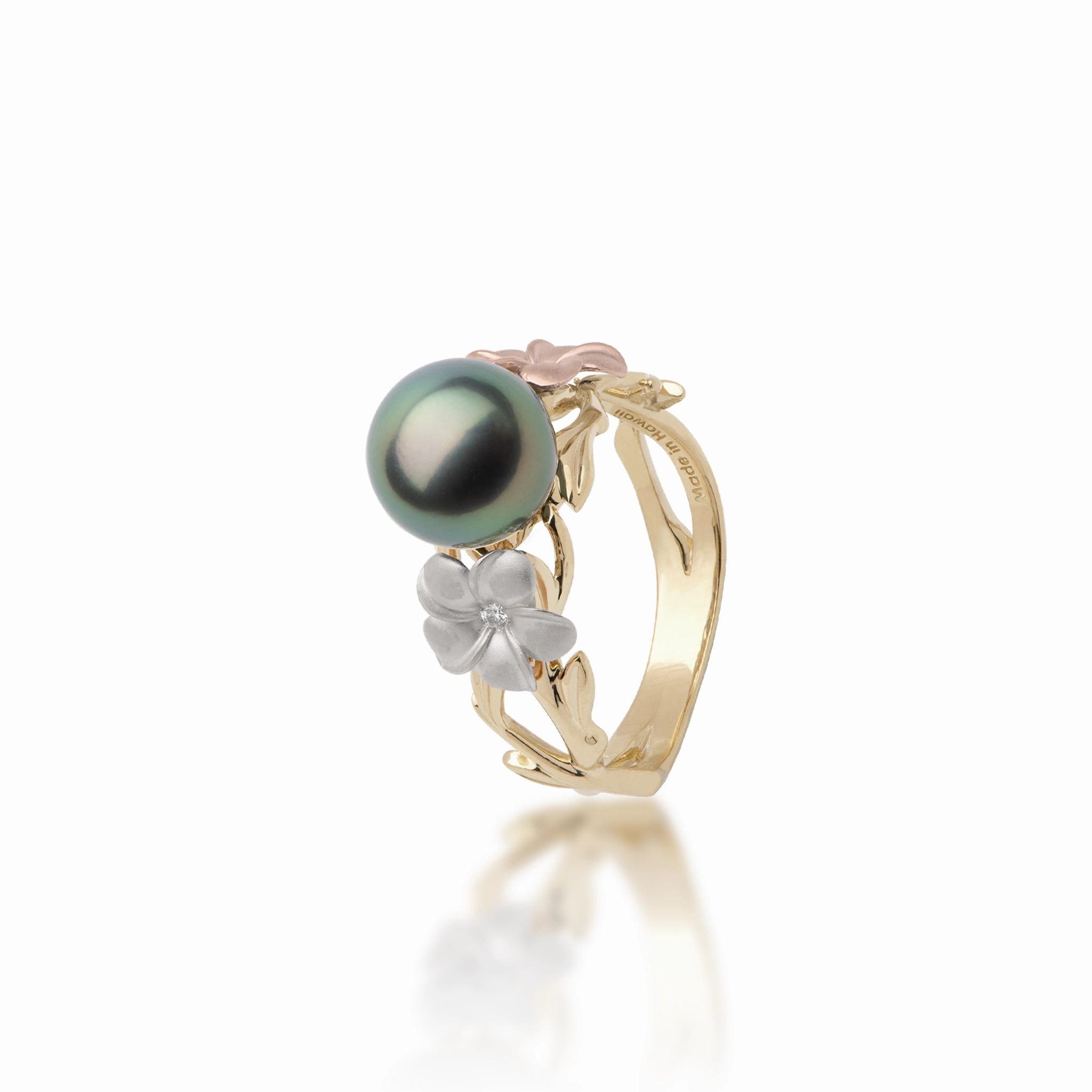 Bridal Ready Pearls in Bloom Plumeria Tahitian Black Pearl Ring in Tri Color Gold with Diamonds - 8mm