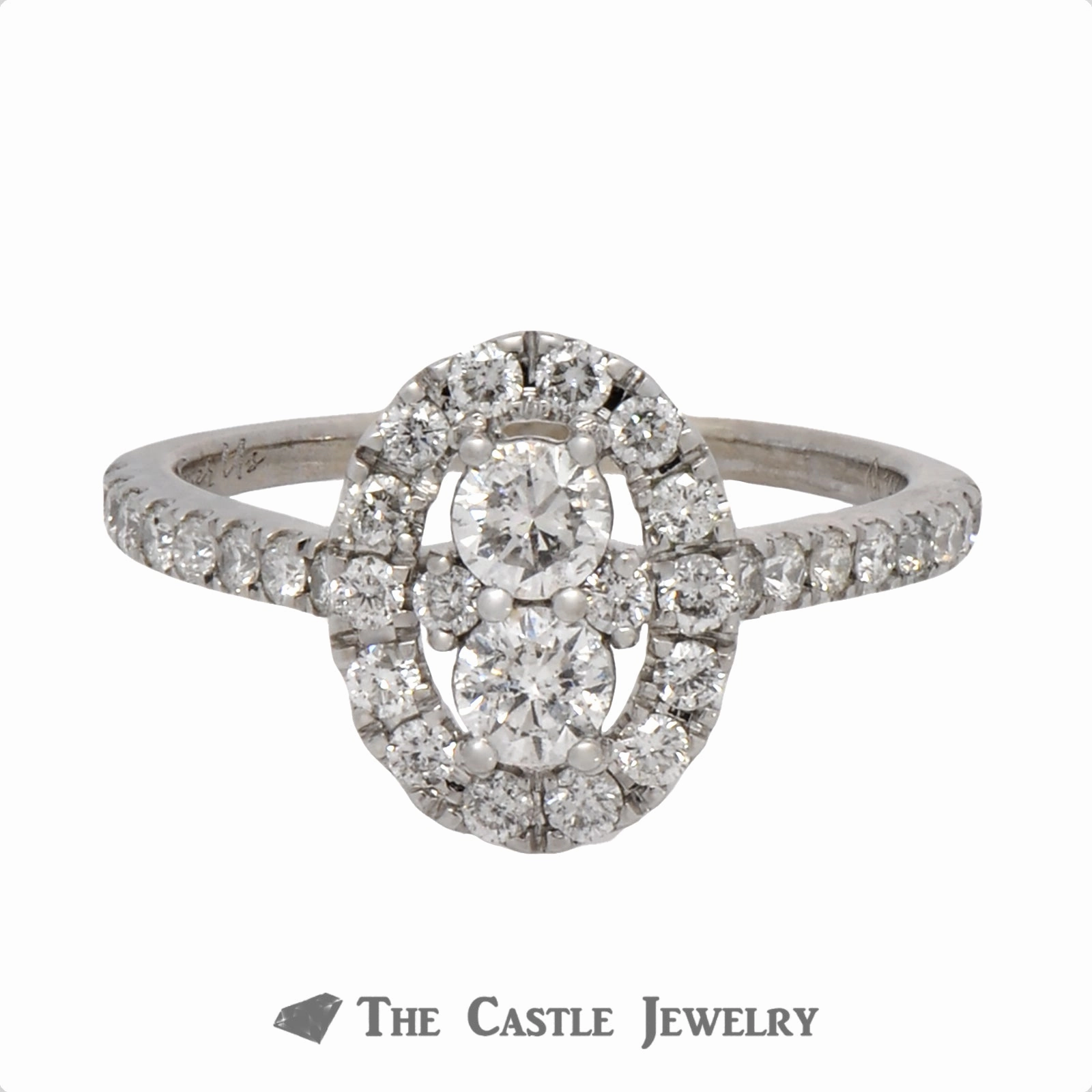 Fashionable Art Double Diamond Halo Ever Us Engagement Ring with Diamond Accents in 14k White Gold