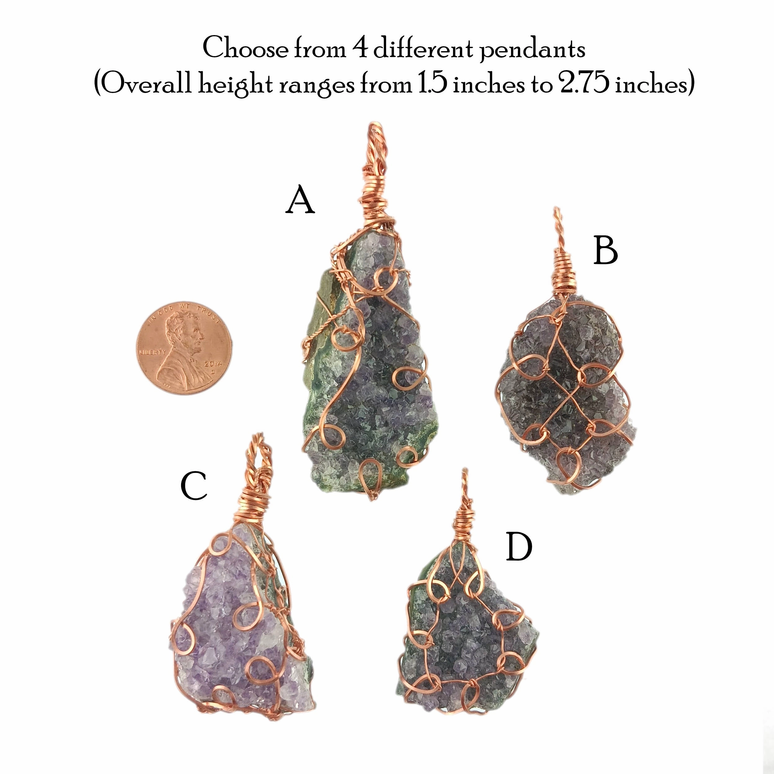 Raw Amethyst Crystal Druzy Geode Pendant Necklace, Copper Wire-Wrapped, Handmade Glossy Jewelry