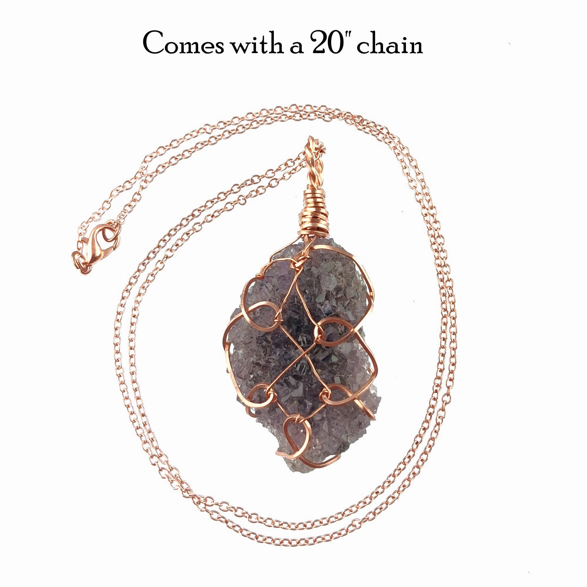 Raw Amethyst Crystal Druzy Geode Pendant Necklace, Copper Wire-Wrapped, Handmade Intricate Work Chic Night