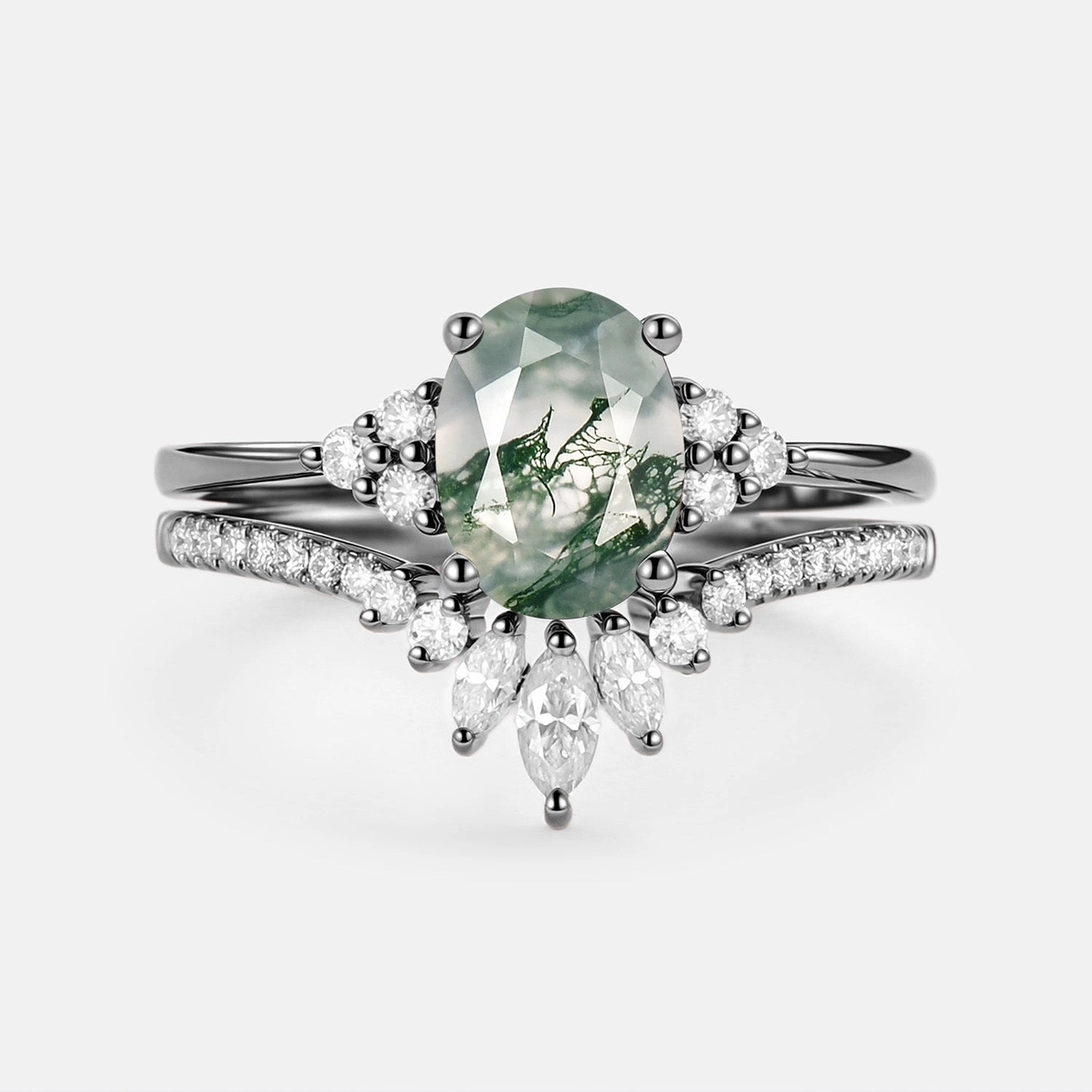 1.5ct Black Gold Oval Cut Moss Agate Classic Cluster Gold Ring Set 2pcs - Lydia Shimmering Design Timeless Features