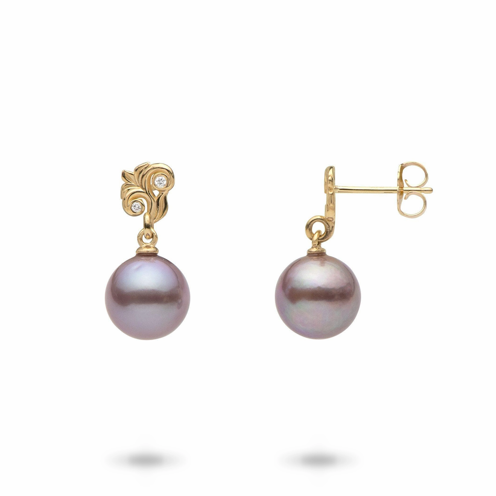 Living Heirloom Lilac Freshwater Pearl Earrings in Gold with Diamonds - 8mm Engagement Style Minimal Look