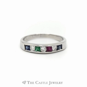 Meaningful Ornament .15CTTW Diamond and Multi Colored Gemstone Wedding Band in 14KT White Gold