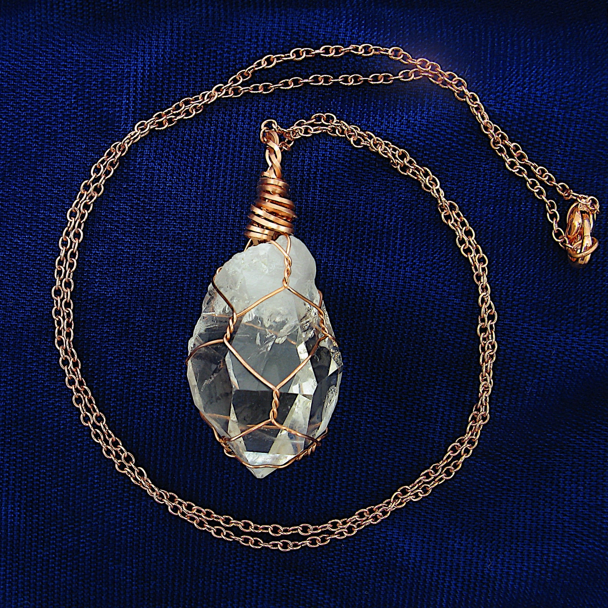 Contemporary Design Elegant Evenings Clear Smoky Raw Quartz Crystal Pendant Necklace, Copper Wire-Wrapped, Handmade, with 20" Chain