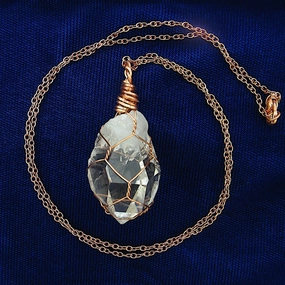 Contemporary Design Elegant Evenings Clear Smoky Raw Quartz Crystal Pendant Necklace, Copper Wire-Wrapped, Handmade, with 20" Chain