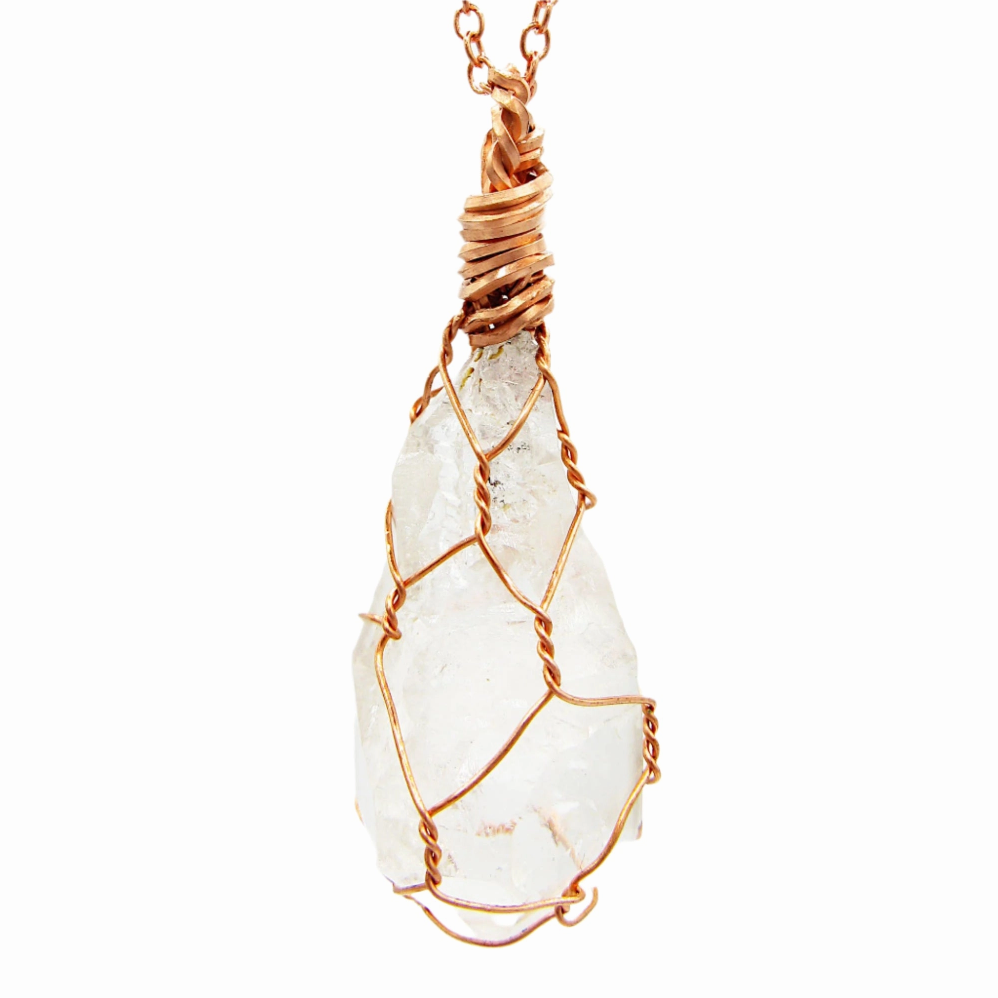Stylish Accessory Clear Smoky Raw Quartz Crystal Pendant Necklace, Copper Wire-Wrapped, Handmade, with 20" Chain