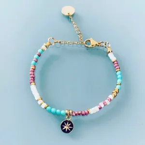 Clover North Star and Pearl Bracelet | Women's Curb Bracelet with Magical Natural Stones and 24k Gold-Plated Heishi Pearls Golden Bracelet
