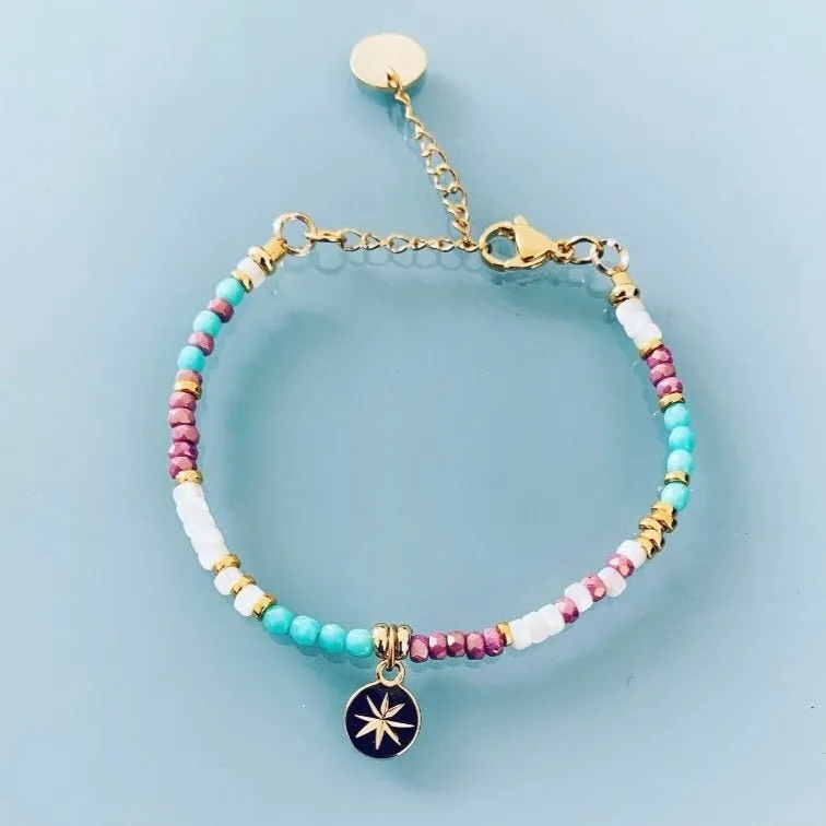 Clover North Star and Pearl Bracelet | Women's Curb Bracelet with Magical Natural Stones and 24k Gold-Plated Heishi Pearls Golden Bracelet