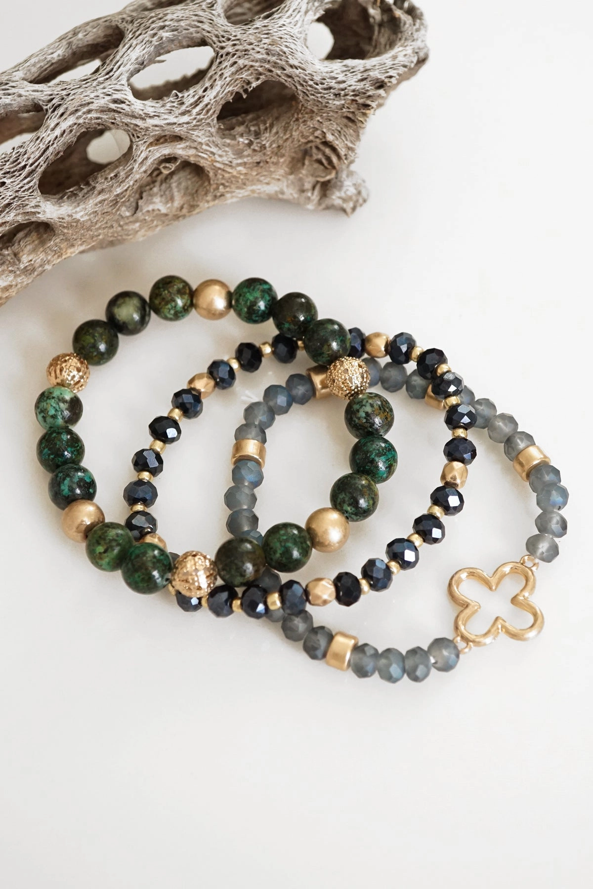 Classic Charm Happy Accident Clover Beaded Bracelet Set Semi Precious Gold tone - Green Grey Black