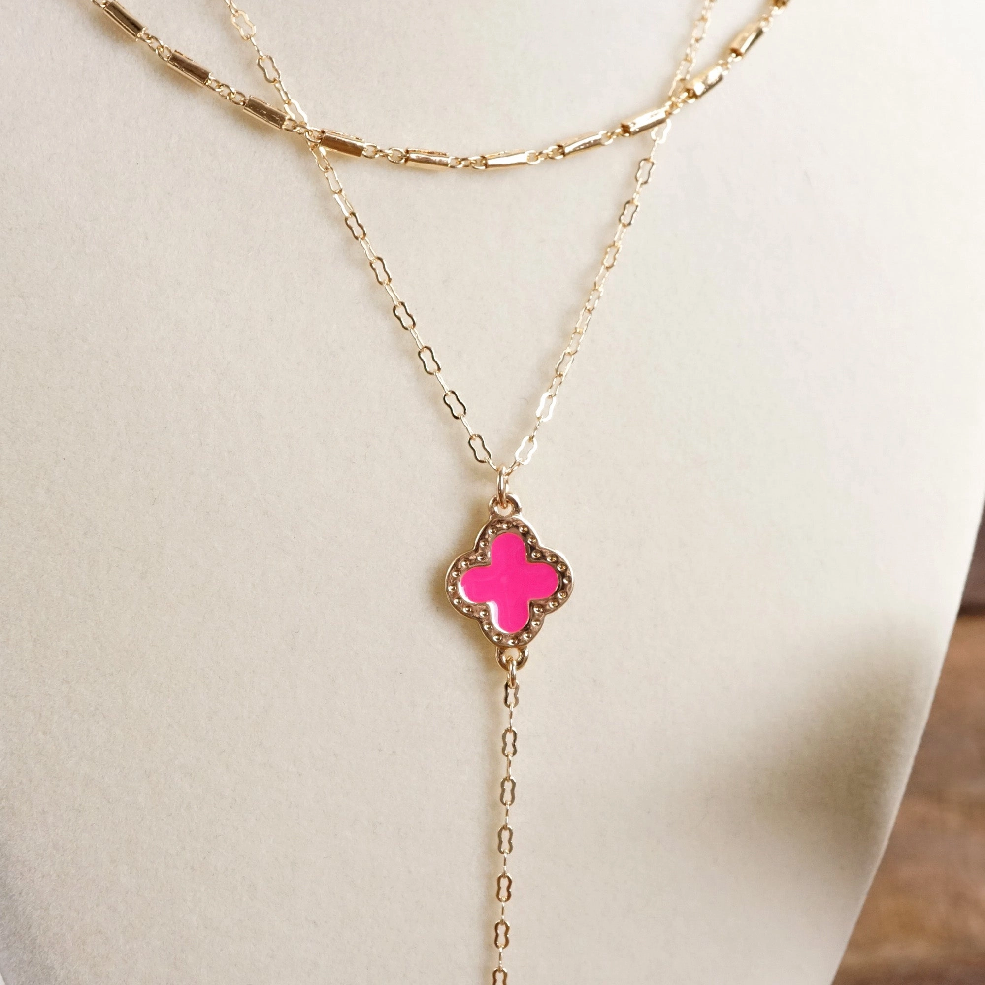 Vogue Accent Clover Lariat Dainty Layered Necklace ?C Gold Tone & Color Options