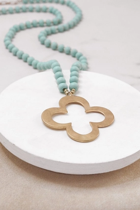 Heirloom Item Clover Long Wooden Bead Necklace with gold Flower - Mint Green Blue