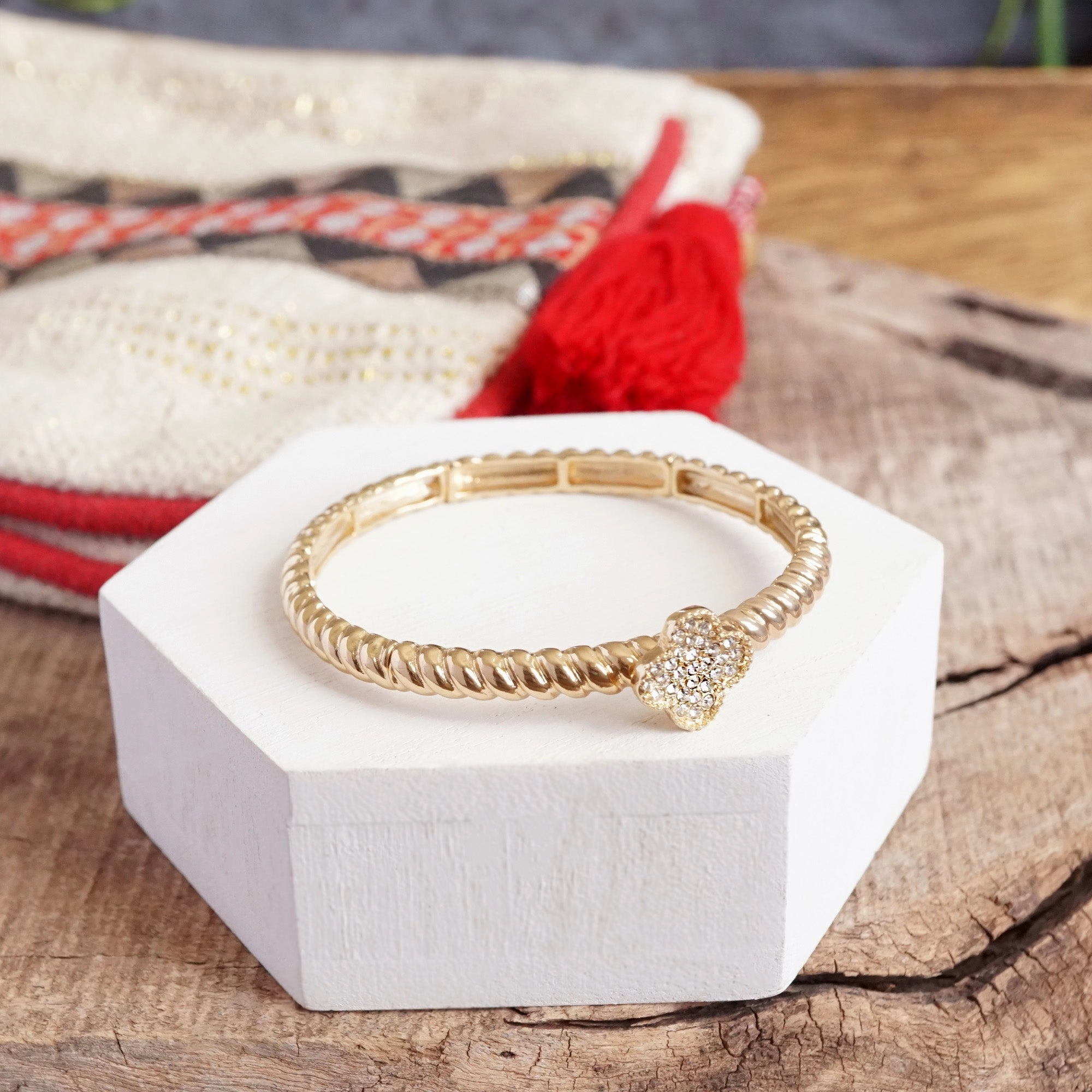 Perfect Match Unwavering Standard Clover stretchy bangle bracelet Clear crystals paved Clover Gold Silver