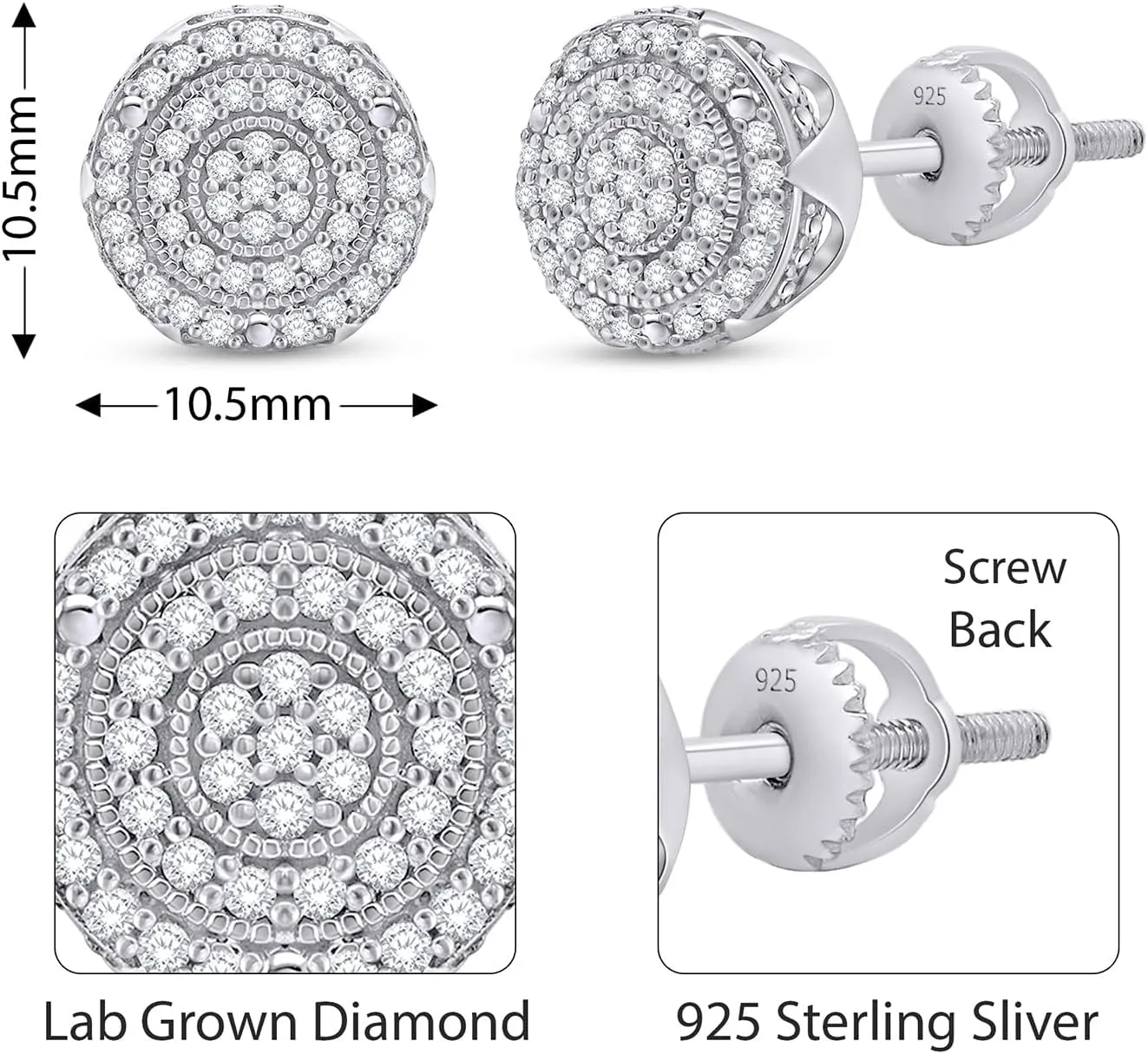 Cluster Halo Diamond Stud Earrings for Men 0.40 Cttw Natural or Lab Grown Diamond Ear Studs with Secure Screw Backs in 10K Solid Gold and 925 Sterling Silver Jewelry Gift for Him Aretes De Hombre