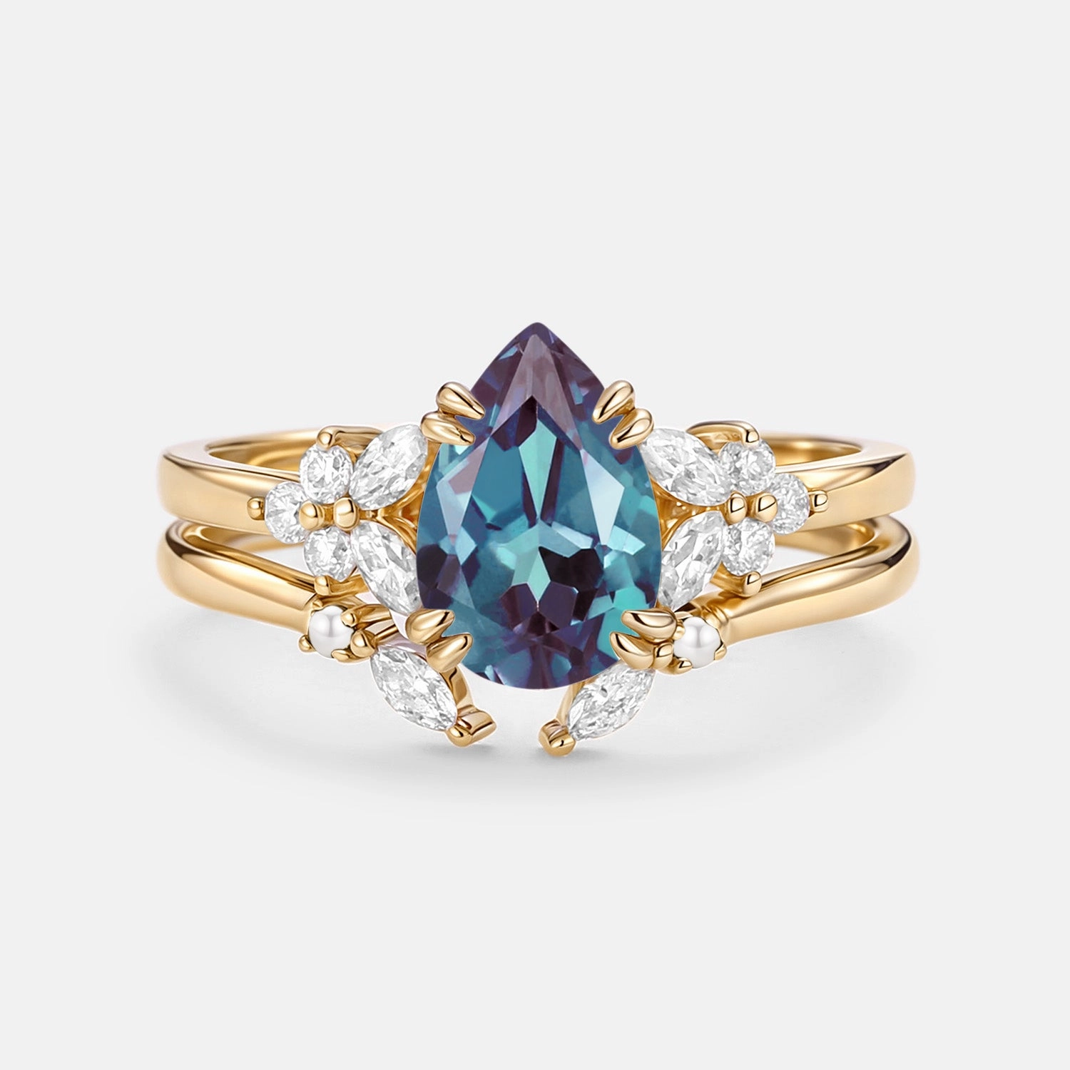 Smooth Surface Lifestyle Fit Cluster Pear Shaped Lab Alexandrite Chevron Gold Ring Set 2pcs - Anya