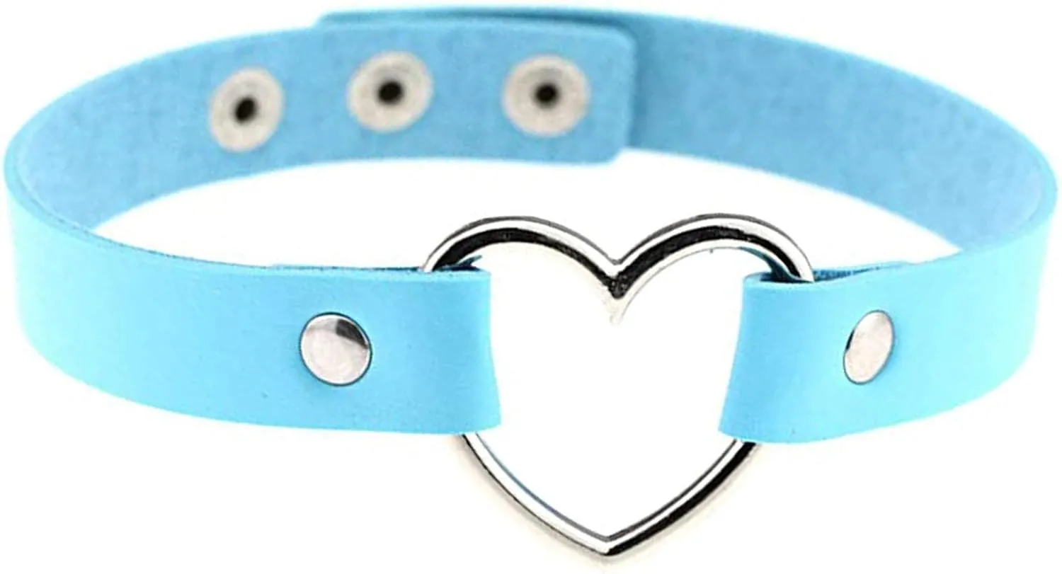 Collar Heart PU Leather Choker for Women Goth Punk Choker Adjustable Soft Collar (Blue, One Size)