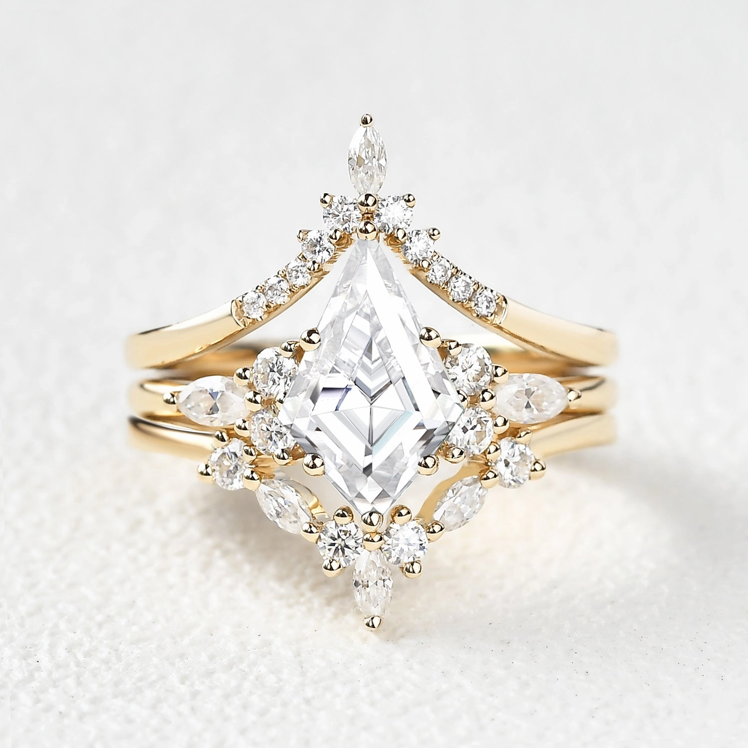 Delicate Pop Lustrous Feature Unique Kite Cut Moissanite Chevron Engagement Ring Set 3pcs - Kinsley