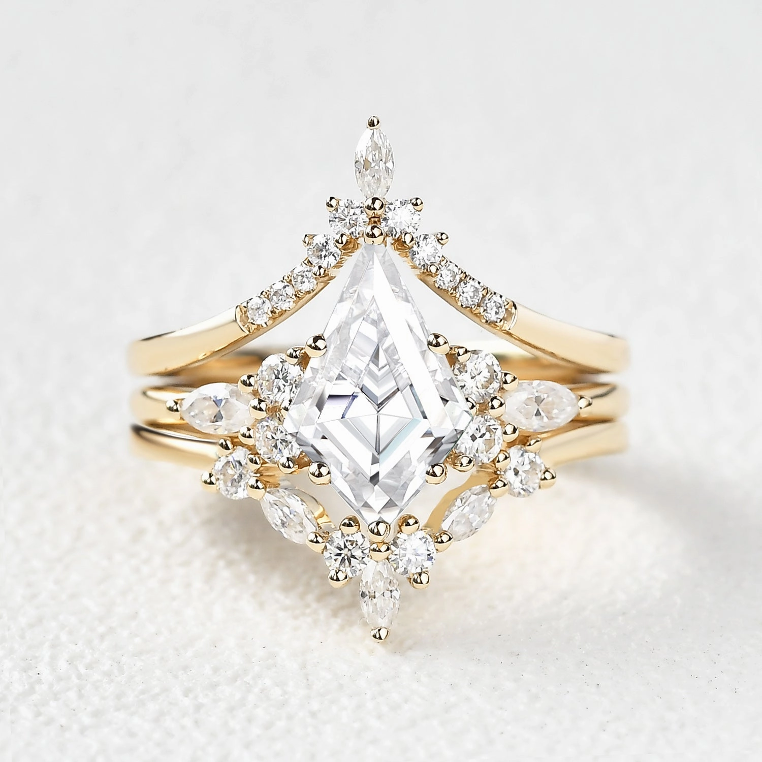 Everyday Sparkle Unique Kite Cut Moissanite Chevron Engagement Ring Set 3pcs - Kinsley