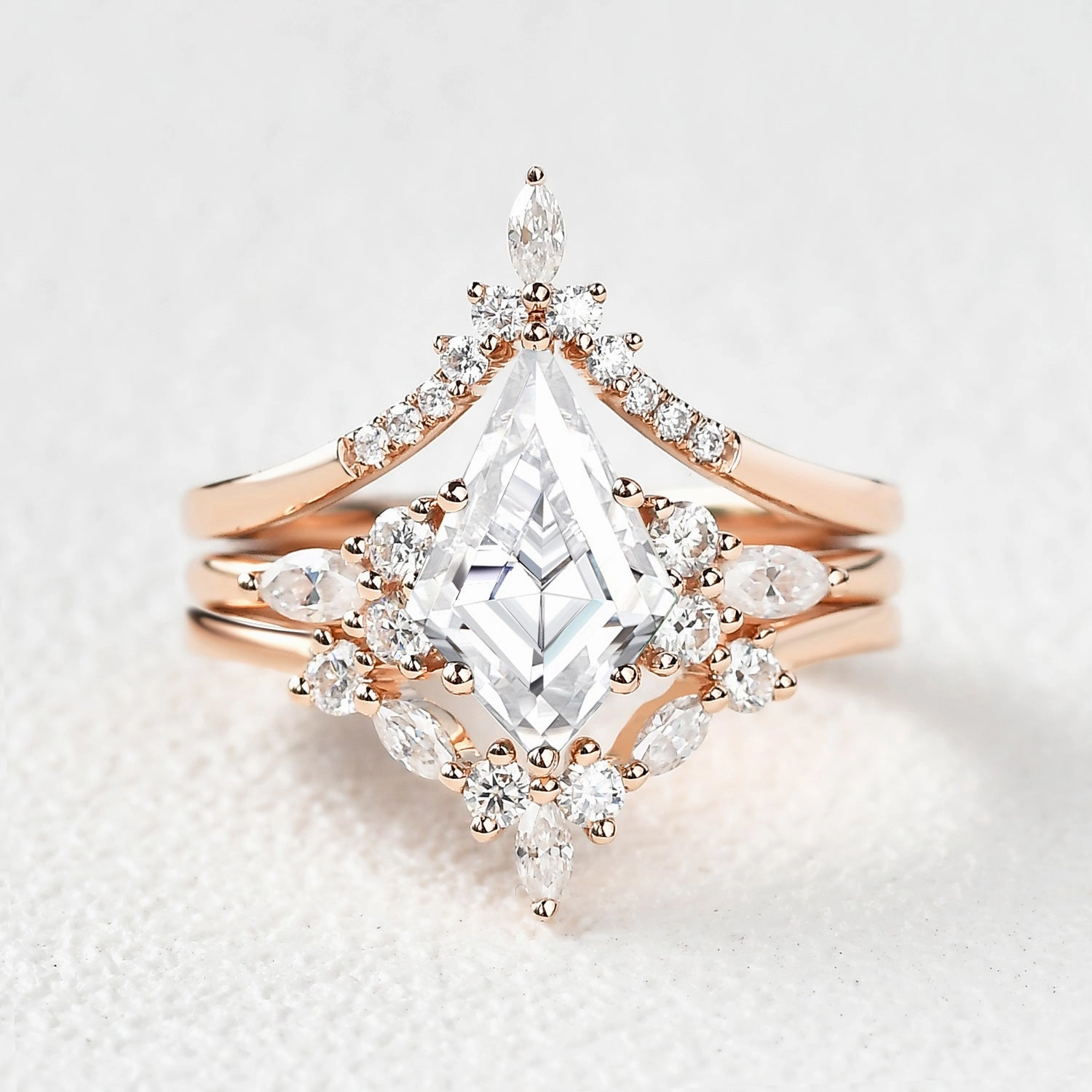 Unique Kite Cut Moissanite Chevron Engagement Ring Set 3pcs - Kinsley Chic Silhouette Timeless Form