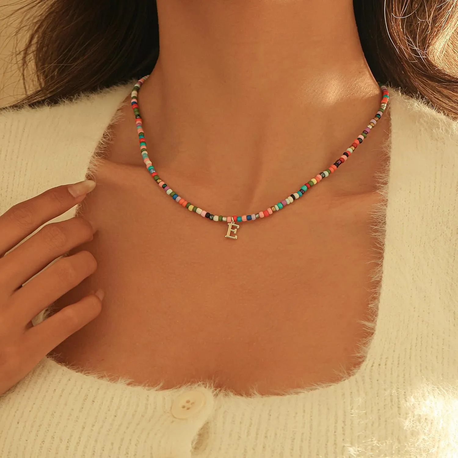 Colorful Initial Necklaces for Women, 14k Gold Plated Summer Initial Necklace Cute Beach Letter Necklace Personalized Gold Necklaces for Women Trendy Preppy Gold Jewelry for Womens