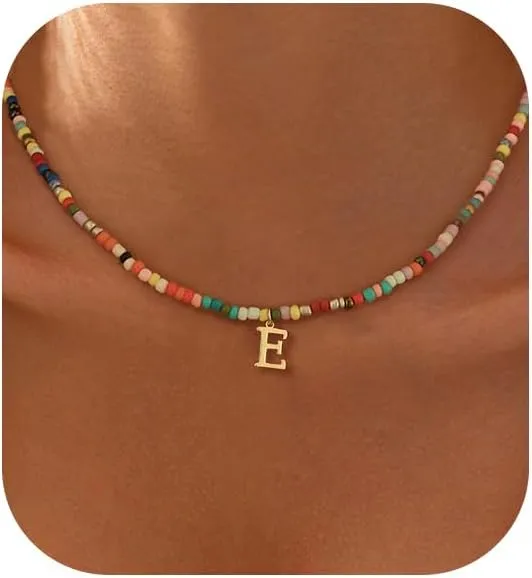 Colorful Initial Necklaces for Women, 14k Gold Plated Summer Initial Necklace Cute Beach Letter Necklace Personalized Gold Necklaces for Women Trendy Preppy Gold Jewelry for Womens