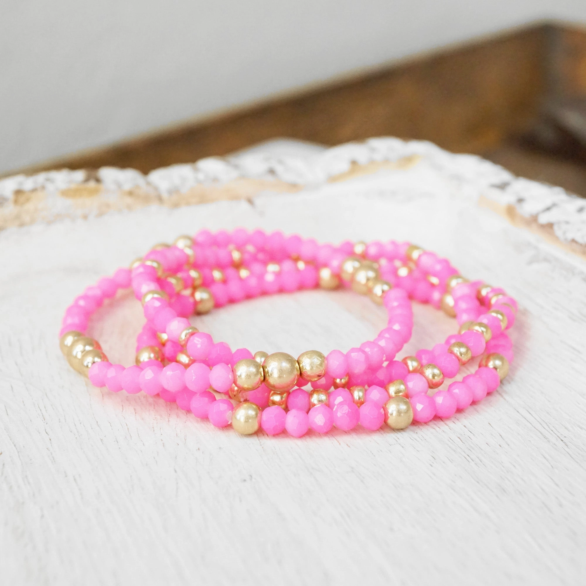 Highly Praised Colorful and Gold tone beads bracelet stack of 3 bracelets