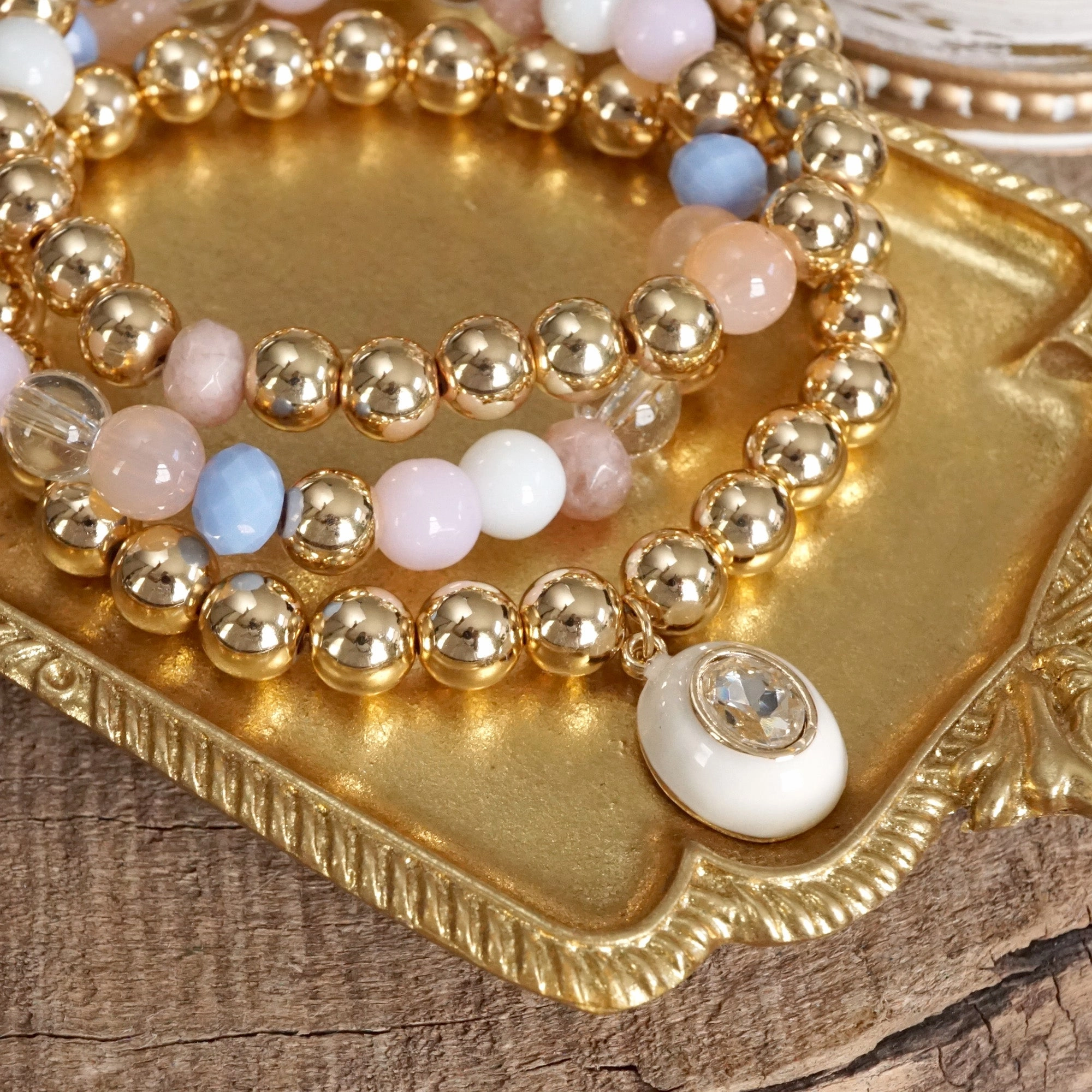 Mint Sight Colorful Beaded Bracelet Set with Oval Charm & Clear Crystal