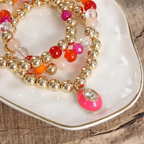 Honored Choice Colorful Beaded Bracelet Set with Oval Charm & Clear Crystal