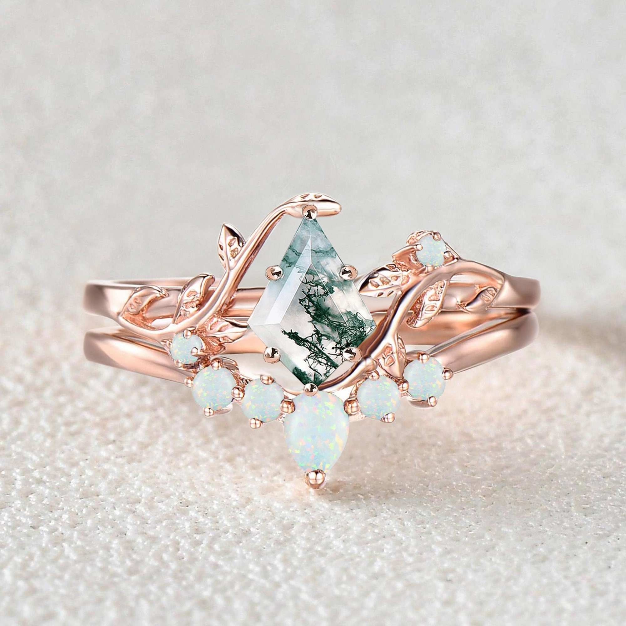 Holiday Style Classic Pairing Colorful Stones Unique Kite Cut Moss Agate Leafy Bridal Ring Sets 2pcs - Willow
